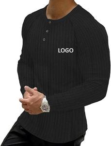 Chemise Henley côtelée pour homme Chemise musclée coupe ajustée T-shirt décontracté à manches courtes et longues en coton directement de l'usine - Product Image 2