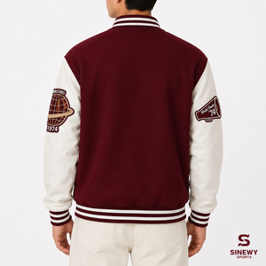 Veste universitaire coupe-vent hiver marron et blanc, broderie N, style preppy, col rabattu, unisexe, en polyester et coton - Product Image 3