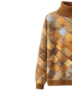 Custom Premium Women Turtleneck Patchwork Knit Sweater Soft Warm Winter Pullover Casual Fashion Top <b>Brown</b> Beige Blue Multicolor - Product Image 3