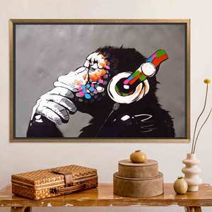 Printed Canvas: Monkey Graffiti Wall Art - Banksy Style Music Lover Gift,GOLD FRAMED CANVAS - Product Image 1