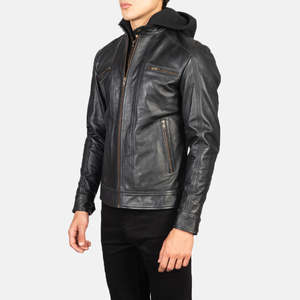 Hector Reversible Black Hooded <b>Biker</b> <b>Jacket</b> in Cowhide Lambskin Water-Proof Zippered XS for Autumn Spring Vintage Goth Style - Product Image 2
