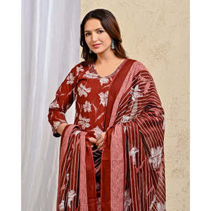 Maroon <b>Block</b> <b>Printed</b> Anarkali Kurta Pant Set Mulmul Dupatta Indian Ethnic Style Cotton Clothing for Party Wear Made Net Fabric - Product Image 1