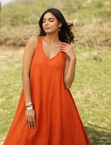 <b>Womens</b> Solid Orange Off-the-Shoulder 3/4 Sleeve Maxi Bohemian Casual Organic Cotton Breathable Eco-Friendly Summer <b>Dress</b> - Product Image 5