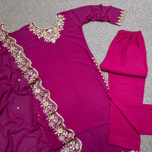 Ensemble de vêtements de fête de créateur en fausse georgette belle séquence de travail brodée Kurta avec pantalon avec Dupatta prêt à porter - Product Image 1