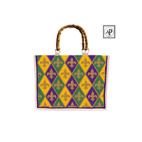 Tas Jinjing NOLA Mardi Gras dengan Hiasan Manik-manik Warna-warni, Pegangan Bambu, Desain Kanvas Tahan Lama, Ukuran Besar, Serbaguna untuk Acara Perayaan