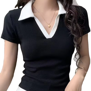 T-shirt à manches courtes et col polo pour femme-Top d'été élégant en mélange de polyester noir lavable en machine de couleur unie BD - Product Image 1