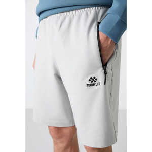 Shorts basiques en mélange de coton pour homme Tommylife, coupe standard, avec cordon de serrage à la taille et poche arrière zippée discrète, couleur pierre - Product Image 5