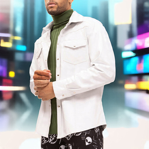 OEM blanc poche poitrine chemises en cuir extérieur Letterman chemise hommes bouton vers le bas Faux cuir chemises décontractées hommes - Product Image 5