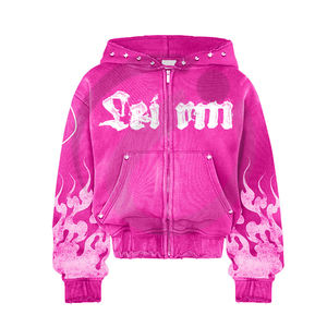 Sweat à capuche zippé décontracté personnalisé pour femmes surdimensionné au soleil avec poche en éponge française de haute qualité lavée à l'acide avec clous Sweats à capuche pour femmes - Product Image 6