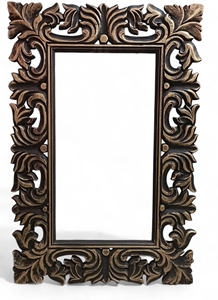Marco de Espejo Rectangular Ornamentado de Madera de Mango con Acabado Negro y Dorado Antiguo Hecho a Mano, Espejo de Pared de Madera Tallada con Motivos Florales - Product Image 1