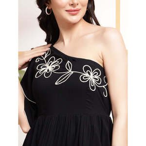 DEEBACO Women's Solid Black Woven Rayon Knee-Length One Shoulder Asymmetric Tiered Embroidered Washable Stylish One Piece <b>Dress</b> - Product Image 2