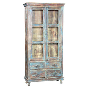 Armoire industrielle à DOUBLE porte en bois de mangue coloré en bois massif et en verre, fabriquée en JODHPUR, ancienne armoire en bois recyclé - Product Image 1