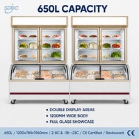 Réfrigérateur commercial haut de gamme à double température, refroidissement direct, 650L, avec vitrine supérieure réfrigérée et vitrine inférieure congélateur, pour supermarché.