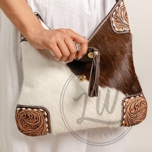 Handmade Large Cowhide Tote <b>Shoulder</b> Bag Genuine Leather with Tooling Patch and Matching <b>Straps</b> Portable Mid Hairon Design - Product Image 5