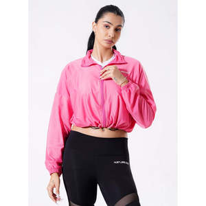 Chaqueta corta rosa tejida para mujer, estilo racer, con cremallera, cortavientos, de poliéster, cuello alto, transpirable, con cremallera y logo. - Product Image 1