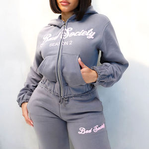Chándal de moda personalizado de alta calidad para mujer, forro polar de algodón blanco con estampado de soplo, pantalones de chándal recortados con capucha para invierno - Product Image 3