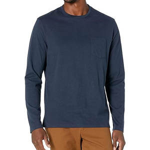 T-shirt uni bleu marine à manches longues en mélange de coton pour hommes, femmes et filles, col rond - Product Image 1