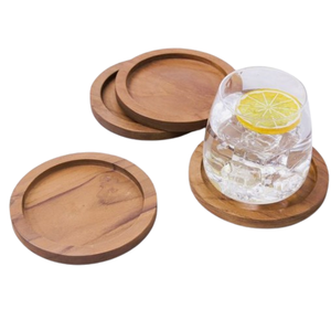 Ensemble de quatre sous-verre en bois d'acacia naturel gravé porte-gobelet à thé en bois pour boissons sous-verre arrondi tapis et tampons de tasse à café - Product Image 2