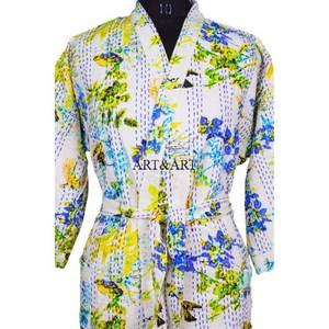 Beautiful Elegant Indian Cotton Hand Block Print Kantha Floral <b>Kimono</b> <b>Robe</b> Wrap for Women with <b>Long</b> Sleeve - Product Image 4