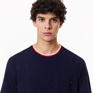<span class=keywords><strong>T</strong></span>-<span class=keywords><strong>shirt</strong></span> à manches courtes <span class=keywords><strong>bleu</strong></span> <span class=keywords><strong>marine</strong></span> pour homme avec bordure contrastée, <span class=keywords><strong>col</strong></span> rond, coupe classique, couleur unie, 100% coton jersey tricoté - Product Image 3