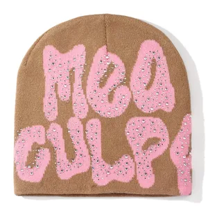 Invierno personalizado Sparkle Cuffless acrílico Y2K diamantes de imitación Jacquard tejido Beanie sombreros gorros con diamantes de imitación - Product Image 4