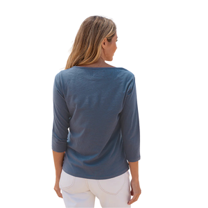 T-shirt pour femme en coton biologique de luxe 100% certifié GOTS, col bateau, manches 3/4, bleu cendré, pré-rétréci, coupe classique, doux et premium - Product Image 5