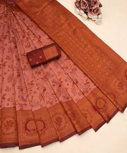 TENDENCIA BANARASI BORDE DE SEDA SUAVE TRABAJO SAREE CON BLUSA SIN COSTAR DESPIECE DE FIESTA PRECIO AL POR MAYOR ROPA ÉTNICA NARANJA - Product Image 1