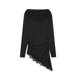 Camisetas de Mujer para Primavera y Otoño, Camisetas con Dobladillo de Encaje para Mujer, Estilo Urbano Asimétrico, Manga Larga, Ajustadas, Informales - Product Image 4