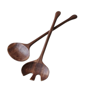 Ensemble cuillère et fourchette en bois de style américain avec manche demi-blanc design pour hôtels, service de table, serveur de salade marron - Product Image 2