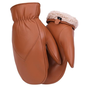 Mitaines en cuir de mouton en fourrure d'hiver naturelles et respirantes, laine chaude, couleur marron, gants de ski faits à la main. - Product Image 2