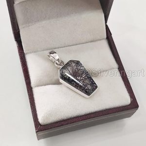 Colgante de Mujer con Piedra Preciosa de Rutilo Negro Natural en Forma de Ataúd, Joyería Hecha a Mano para Navidad, Colgante de Plata de Ley 925 - Product Image 2