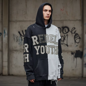 Sudadera con Capucha Unisex de Invierno, 100% Algodón, Estilo Francés, Holgada, con Logotipo Bordado, Lavado Ácido, Desgastada, Rota, Estilo Urbano - Product Image 1