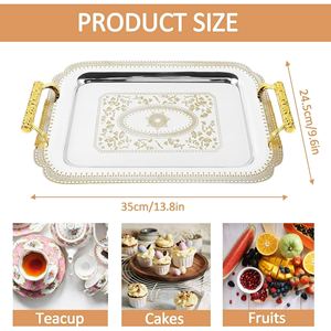 Luxury Silver <b>Gold</b> Serving Tray With <b>Handles</b> Stainless Steel Serving Tray Square Food Tray for Dinner Weddings Home And <b>Kitchen</b> - Product Image 3