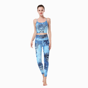 Blue Skull Print Yoga Set 2 Piece Spaghetti Strap Crop <b>Top</b> High Waist Full Length Leggings Breathable Spandex Polyester - Product Image 4