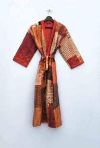 Beautiful Green Cotton Silk Kantha Patchwork <b>Kimono</b> Double Layer Cotton Silk Hand Made <b>Women</b> Kantha Robe With Pockets and Belt - Product Image 2