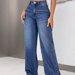 Plus Size Women's Casual Mid Waist <b>Stretch</b> <b>Denim</b> Straight Pencil Pants Solid Cargo Jeans Comfy Fit Perfect Daily Wear - Product Image 1