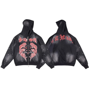 Sudadera con capucha unisex de alta calidad, estilo streetwear, con cremallera, pedrería, lavado ácido, algodón grueso, estampado desgastado, para hombre. - Product Image 1