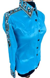 Camisa hecha a mano de Cowgirl Western Show en blanco impreso en tela de tafetán elástica para uso ecuestre - Product Image 4