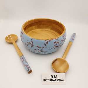 Premium Quality Enamel Printed Handcrafted <b>Mango</b> <b>Wood</b> Fruit <b>Bowl</b> Tray Minimal Serving Decorative Salad <b>Bowl</b> Spoon Set - Product Image 2