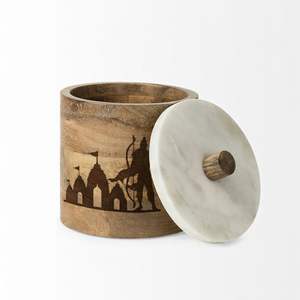 VENTE CHAUDE Pot de rangement en bois artisanal avec symbole Om et couvercle en marbre Design indien traditionnel pour la décoration de la maison - Product Image 3