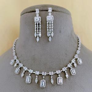 Superb Quality Luxury Zircon <b>Silver</b> Tone Designer <b>Necklace</b> <b>Set</b> With Earrings for Wedding Engagement Party Wear For Women - Product Image 1