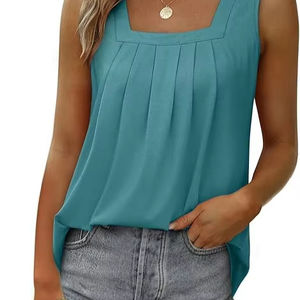 Summer <b>Tank</b> <b>Tops</b> for Women Loose Fit Pleated <b>Square</b> <b>Neck</b> Sleeveless <b>Tops</b> Curved Hem Flowy - Product Image 6