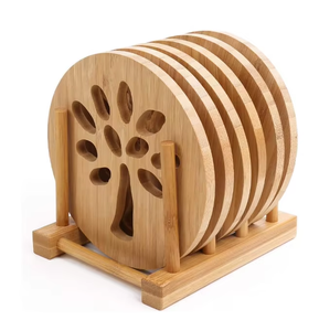 จานรองแก้วไม้ไผ่ขาตั้งสามขาทนทานกันลื่นลายดอกไม้โค้งมนมีดีไซน์ที่วาง - Product Image 4