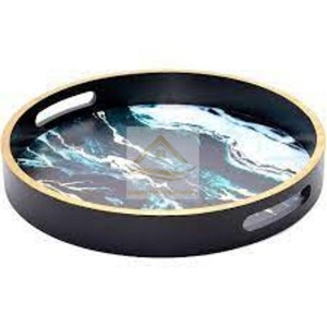 Bandeja de madera de forma redonda impresa a mano para servir comida, aperitivos, café y té, diseño de trabajo esmaltado, organizador de bandeja de estilo moderno - Product Image 1