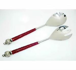 Juego de servidor de ensalada de acero con mango tejido Cubiertos Cuchara de ensalada hecha a mano y tenedor de ensalada Herramientas de cocina de mango largo de acero - Product Image 3