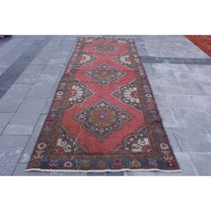 Alfombra clásica de lana roja y azul de 4,2x11 pies, hecha a mano, área grande turca, patrón abstracto, diseño de pasillo Rectangular, látex de 10mm - Product Image 1