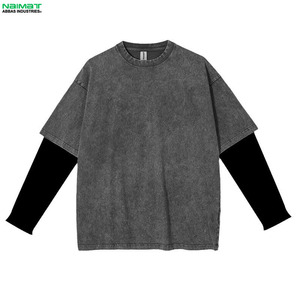 Streetwear en coton unisexe personnalisé en gros T-shirt vintage à manches longues en coton vierge surdimensionné double couche délavé à l'acide - Product Image 1