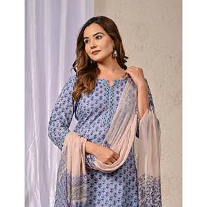 Grey Cotton Kurta Pant Set with Butti Block Printed Ethnic <b>Bandanas</b> - Product Image 1