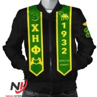 Blouson Bomber Unisexe Hiver Noir Satiné Chi Eta Phi Col Montant Lettres Grecques Écusson 100% Coton Peau de Vache Grecque