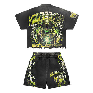 ELYSIAN INDUSTRIES เสื้อยืดสตรีทแวร์ผู้ชายชุดกางเกงขาสั้นพิมพ์ลายคอกลมชุดฤดูร้อนสีดำสีเขียวสีเหลืองผ้าฝ้าย 100% - Product Image 5